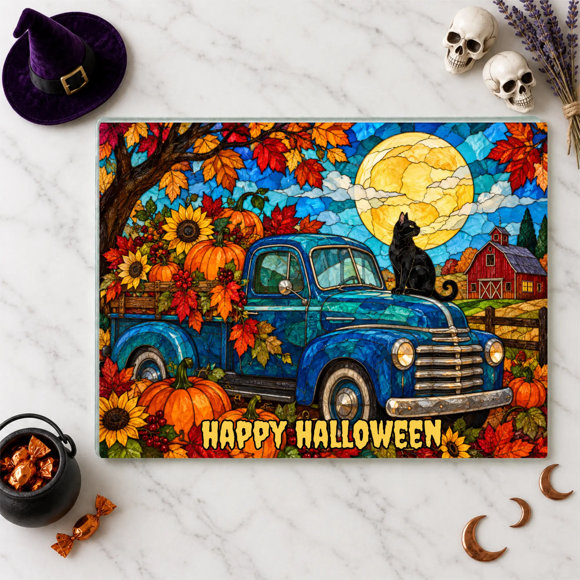 Halloween Fall Truck Personalized Glass Cutting Board, Spooky Pumpkin Kitchen Decor