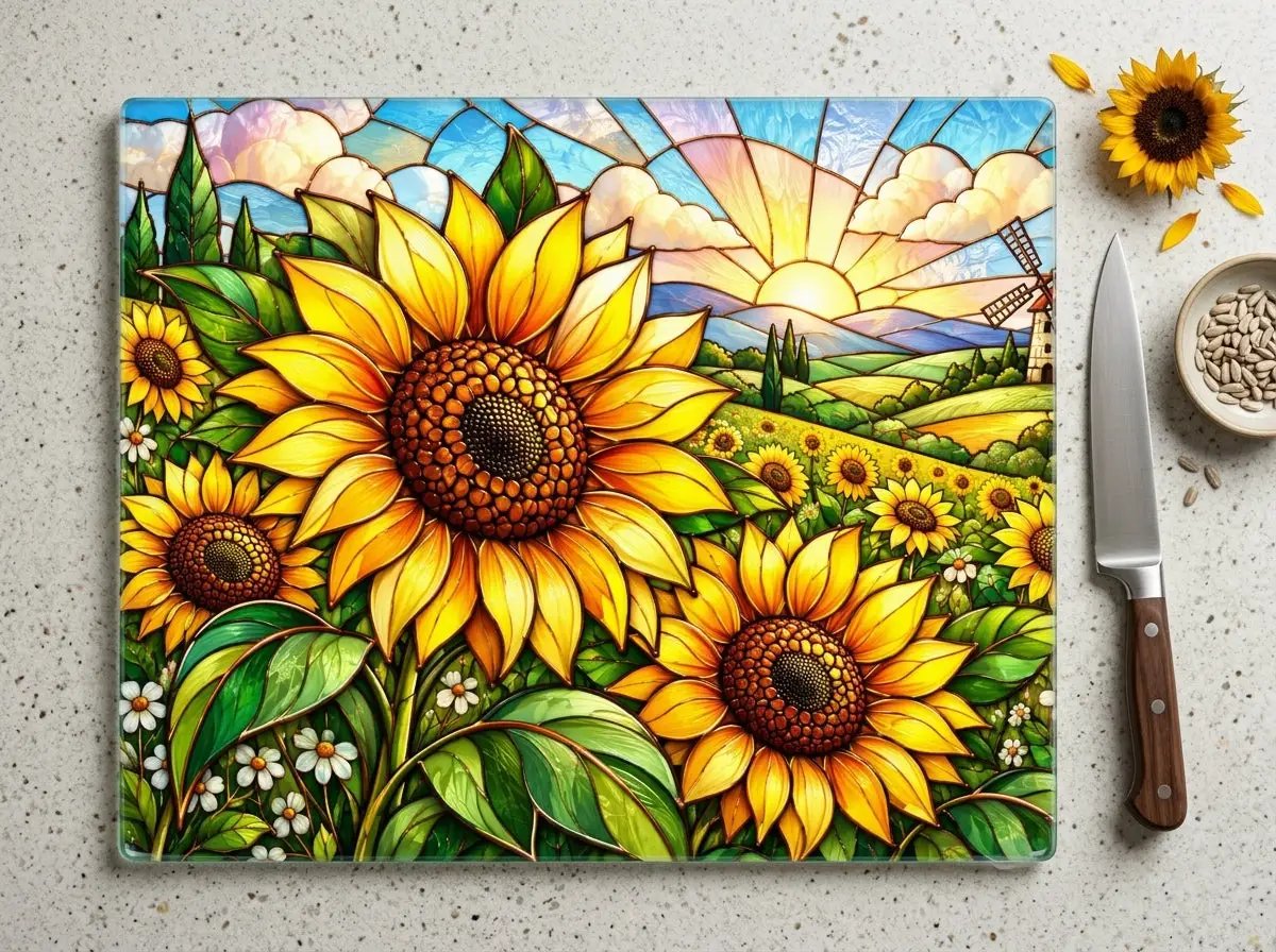 Sunflower Glass Cutting Board, Windmill Kitchen Decor, Sunflower Meadow Cutting Board, Country Floral Gift, Stained Glass Kitchen Art