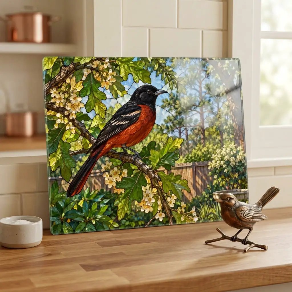 Orchard Oriole Glass Cutting Board, Backyard Bird Kitchen Decor, Oriole Bird Lover Gift, Nature Serving Board, Birdwatcher Gift
