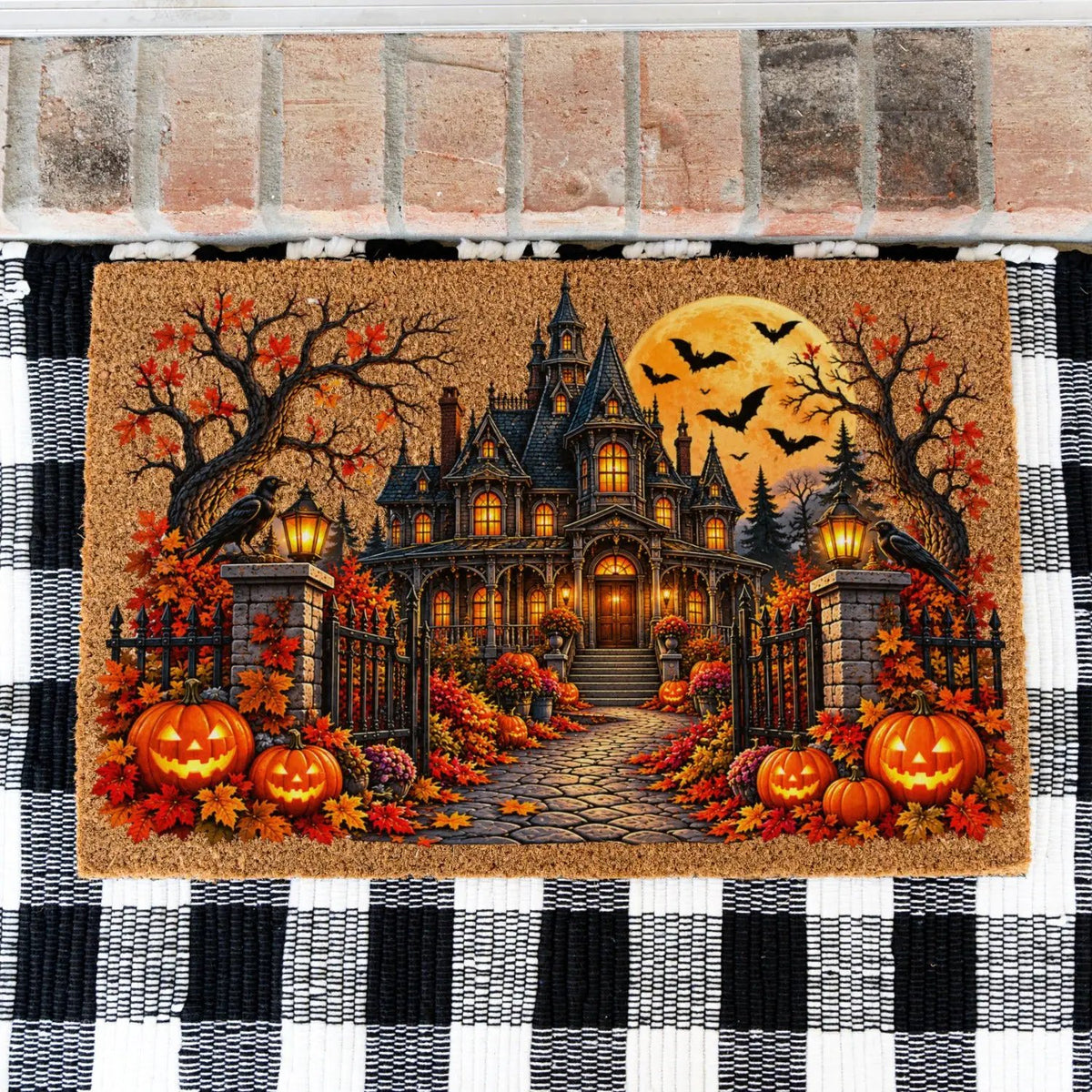 Spooky Mansion Doormat, Haunted House Halloween Welcome Mat, Raven & Pumpkin Coir Doormat, Gothic Fall Porch Decor, Halloween Door Mat