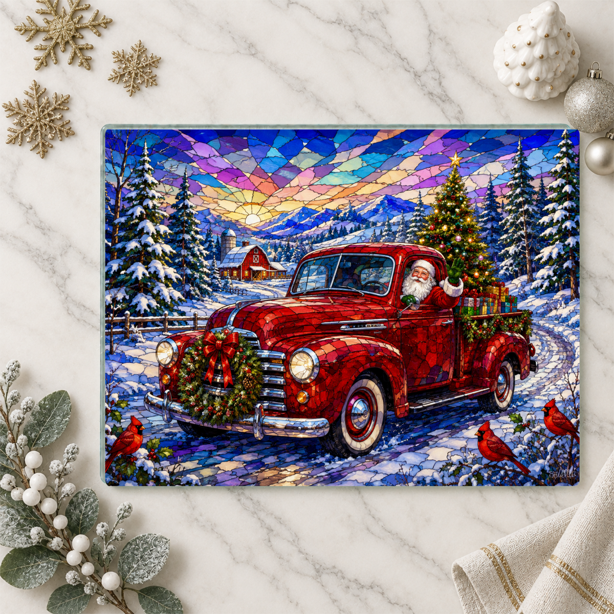 Santa Vintage Truck Glass Cutting Board, Christmas Farmhouse Kitchen Decor, Stained Glass Santa Claus, Red Pickup Holiday Gift