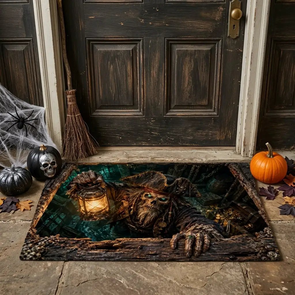 Pirate Doormat, Ghost Ship 3D Optical Illusion Door Mat, Haunted Pirate Halloween Mat, Skeleton Pirate Porch Decor, Spooky Welcome Mat