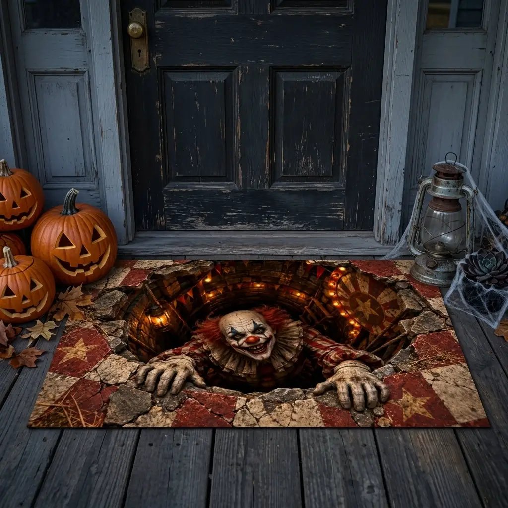 Creepy Clown Halloween Doormat,3D Scary Clown Optical Illusion Mat, Haunted Circus Door Mat, Horror Halloween Porch Decor
