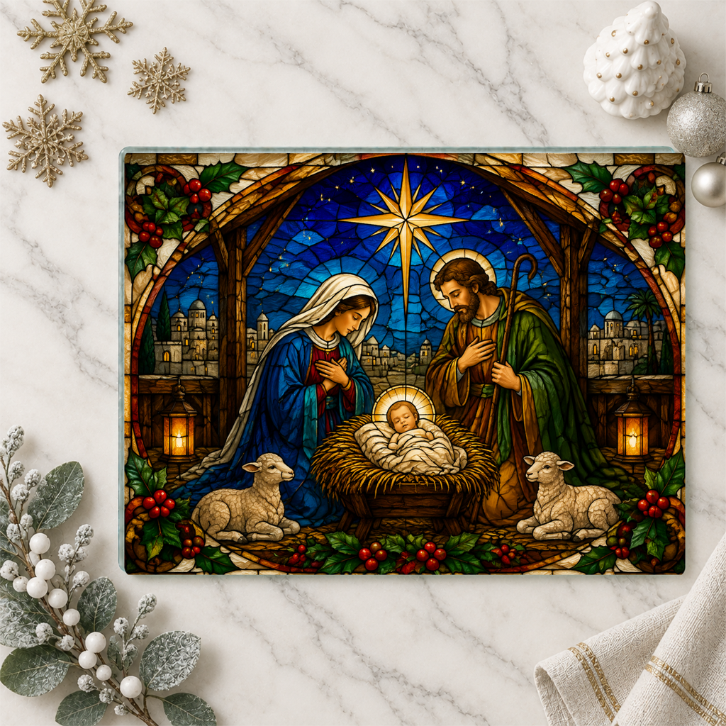Nativity Glass Cutting Board, Christian Christmas Decor, Manger Scene Cutting Board, Religious Christmas Gift, Stained Glass Nativity