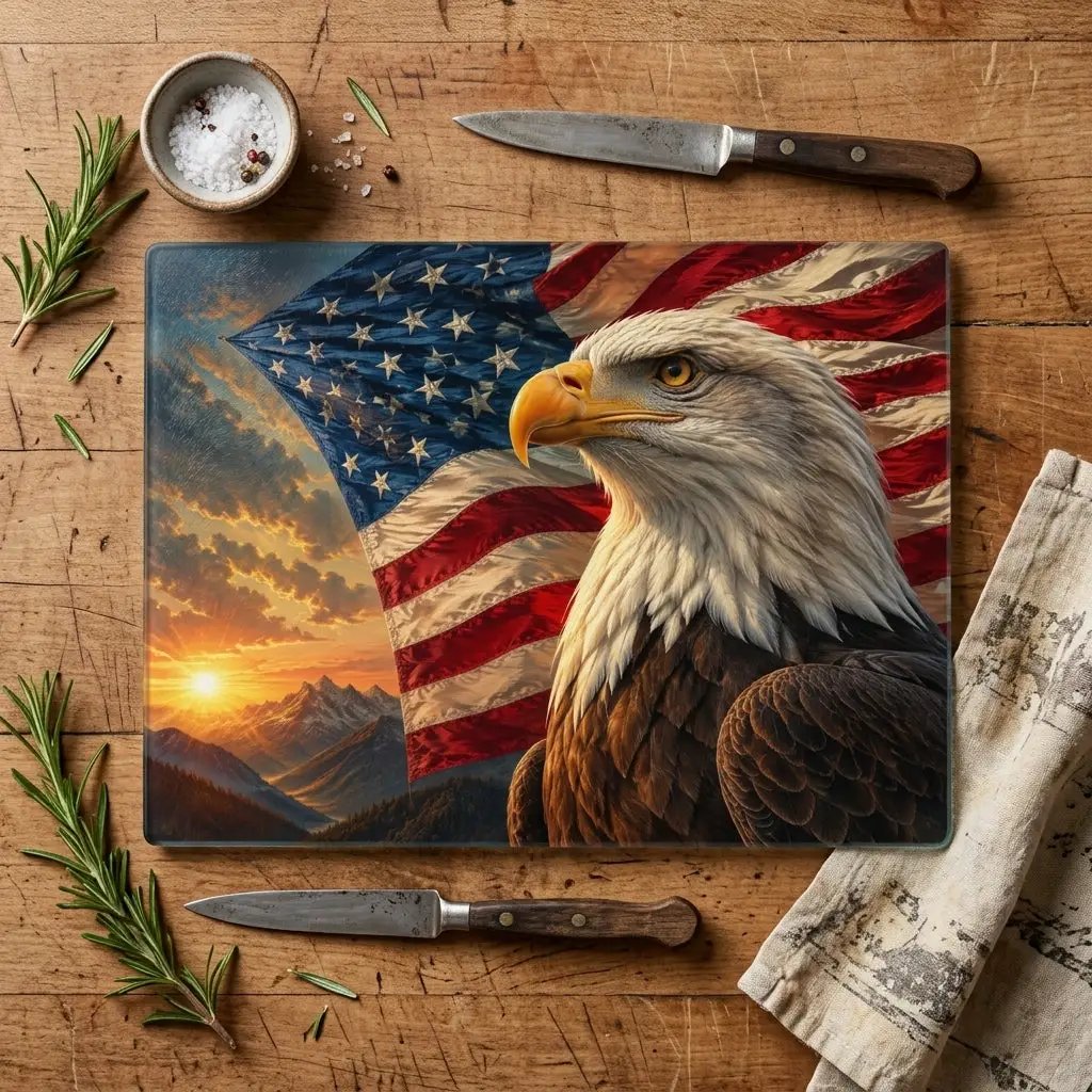 Patriotic Eagle Cutting Board, American Flag Glass Cutting Board, Bald Eagle Kitchen Decor, USA Patriotic Gift, Americana Home Decor