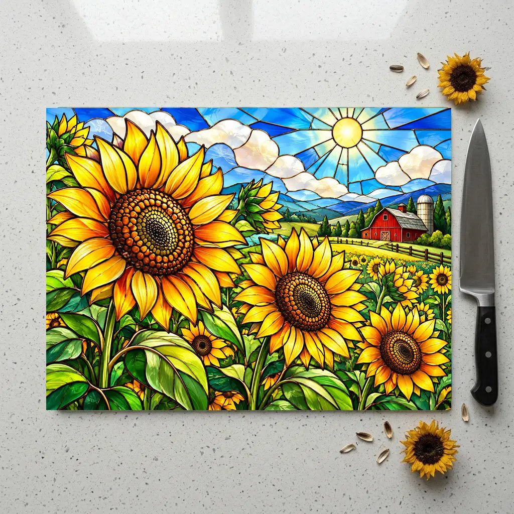 Sunflower Glass Cutting Board, Farmhouse Kitchen Decor, Country Sunflower Chopping Board, Stained Glass Floral Gift, Housewarming Gift