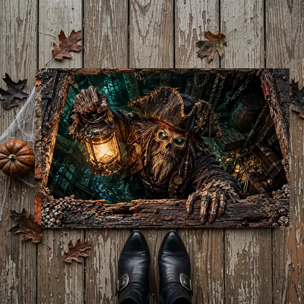 Pirate Doormat, Ghost Ship 3D Optical Illusion Door Mat, Haunted Pirate Halloween Mat, Skeleton Pirate Porch Decor, Spooky Welcome Mat