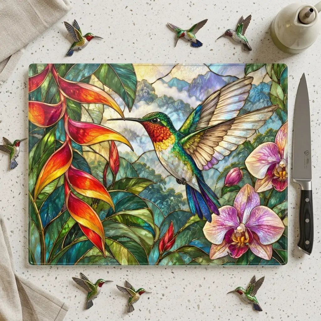 Hummingbird Cutting Board, Stained Glass Bird Decor, Tropical Orchid Kitchen Decor, Floral Hummingbird Gift, Nature Lover Gift