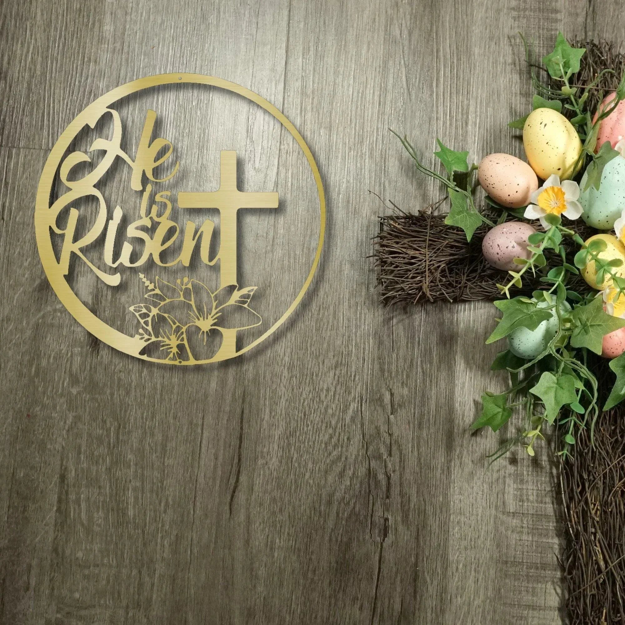 Easter Cross Metal Wall Sign – Christian Home Decor – He Is Risen