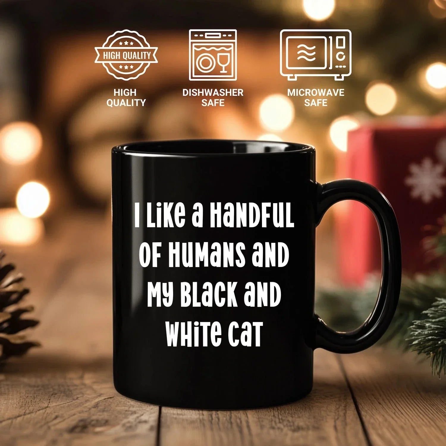 I Like a Handful of Humans and My Black and White Cat Mug – Funny Cat Lover Gift – Black Ceramic Coffee Cup