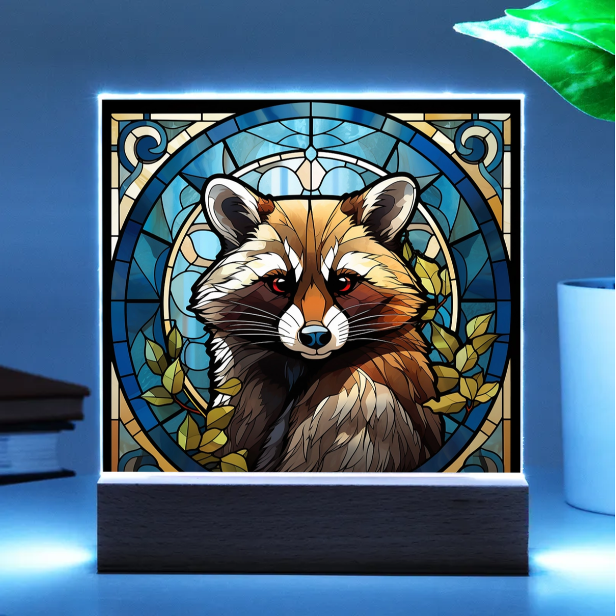 Raccoon Stained Glass Acrylic LED Light Plaque – Custom Animal Art Gift with Wooden Base