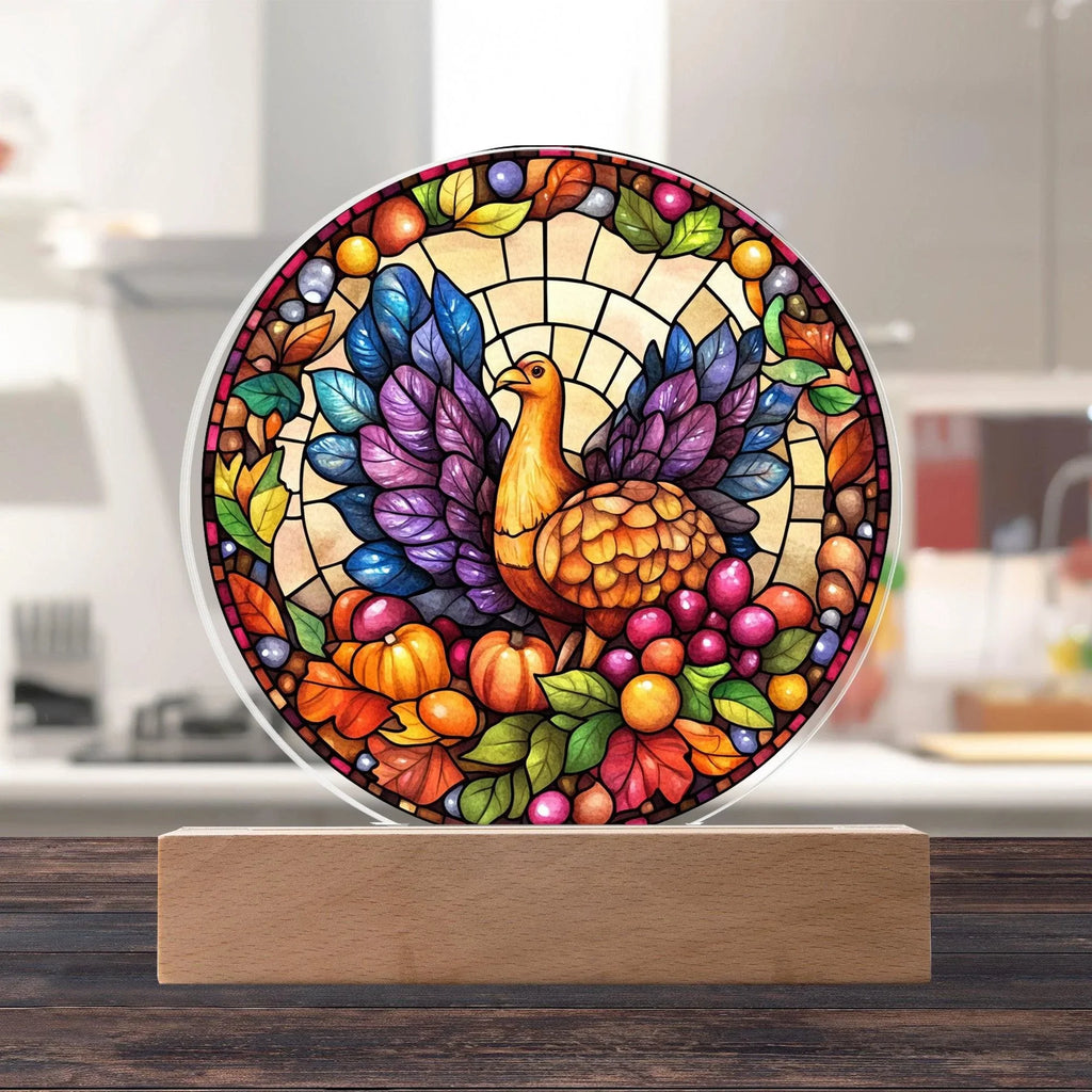 Turkey Stained-glass Round Acrylic Plaque - LED Lighted Wooden Base