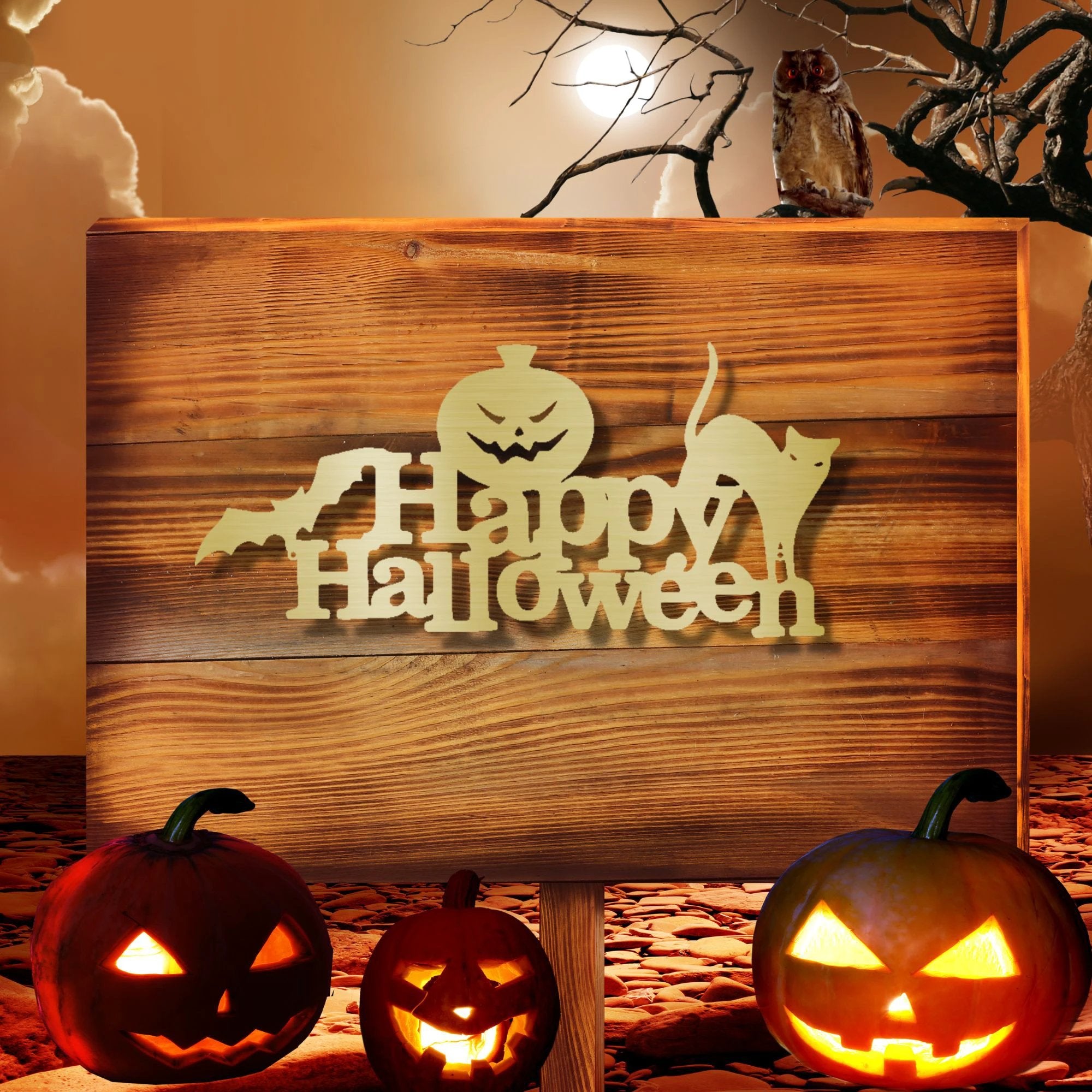 Happy Halloween Metal Wall Art Sign – Pumpkin Bat Cat Halloween Decor – Outdoor Powder Coated Steel Sign – Spooky Farmhouse Porch Decor