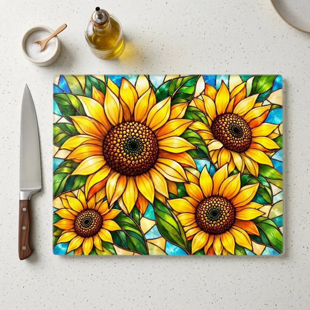 Sunflower Glass Cutting Board, Bold Floral Kitchen Decor, Stained Glass Sunflower Art, Yellow Flower Cutting Board, Sunflower Lover Gift