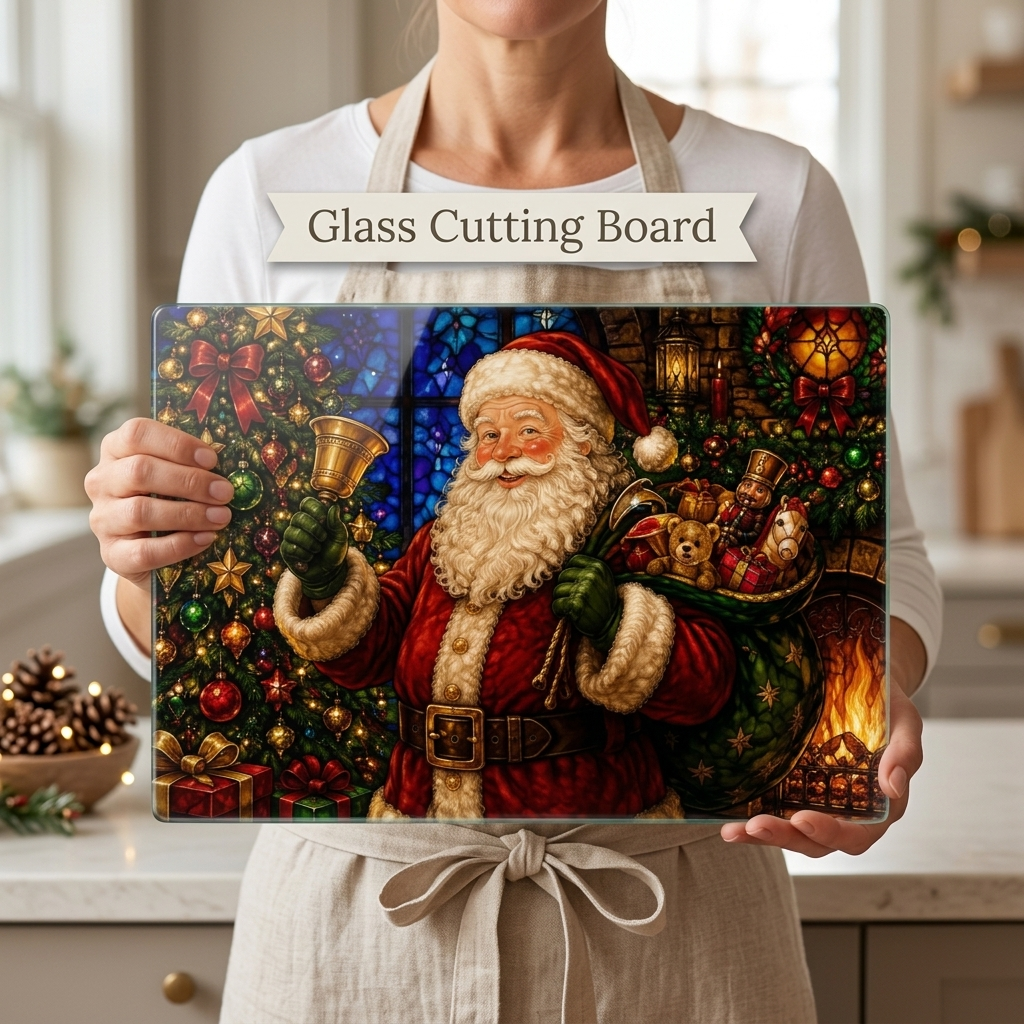Classic Santa Glass Cutting Board, Stained Glass Christmas Decor, Vintage Santa Gift, Christmas Kitchen Decor, Holiday Serving Board