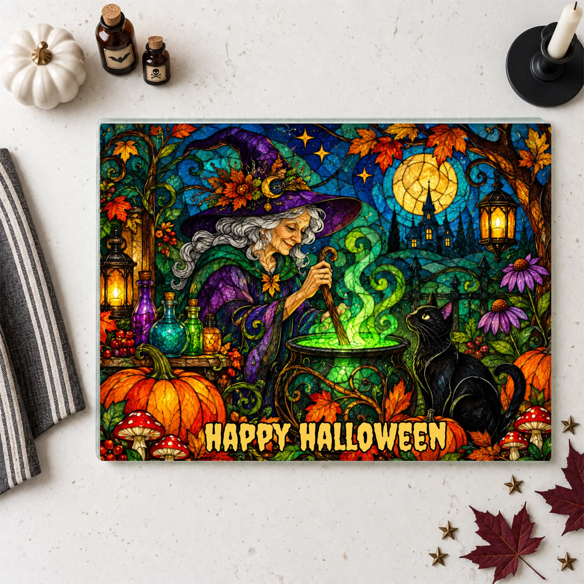 Halloween Witch Cauldron Personalized Glass Cutting Board, Spooky Black Cat Kitchen Decor