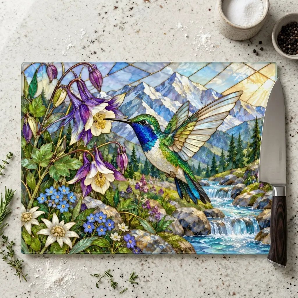 Hummingbird Glass Cutting Board, Stained Glass Mountain Art, Columbine Flower Kitchen Decor, Bird Lover Gift, Alpine Nature Cutting Board