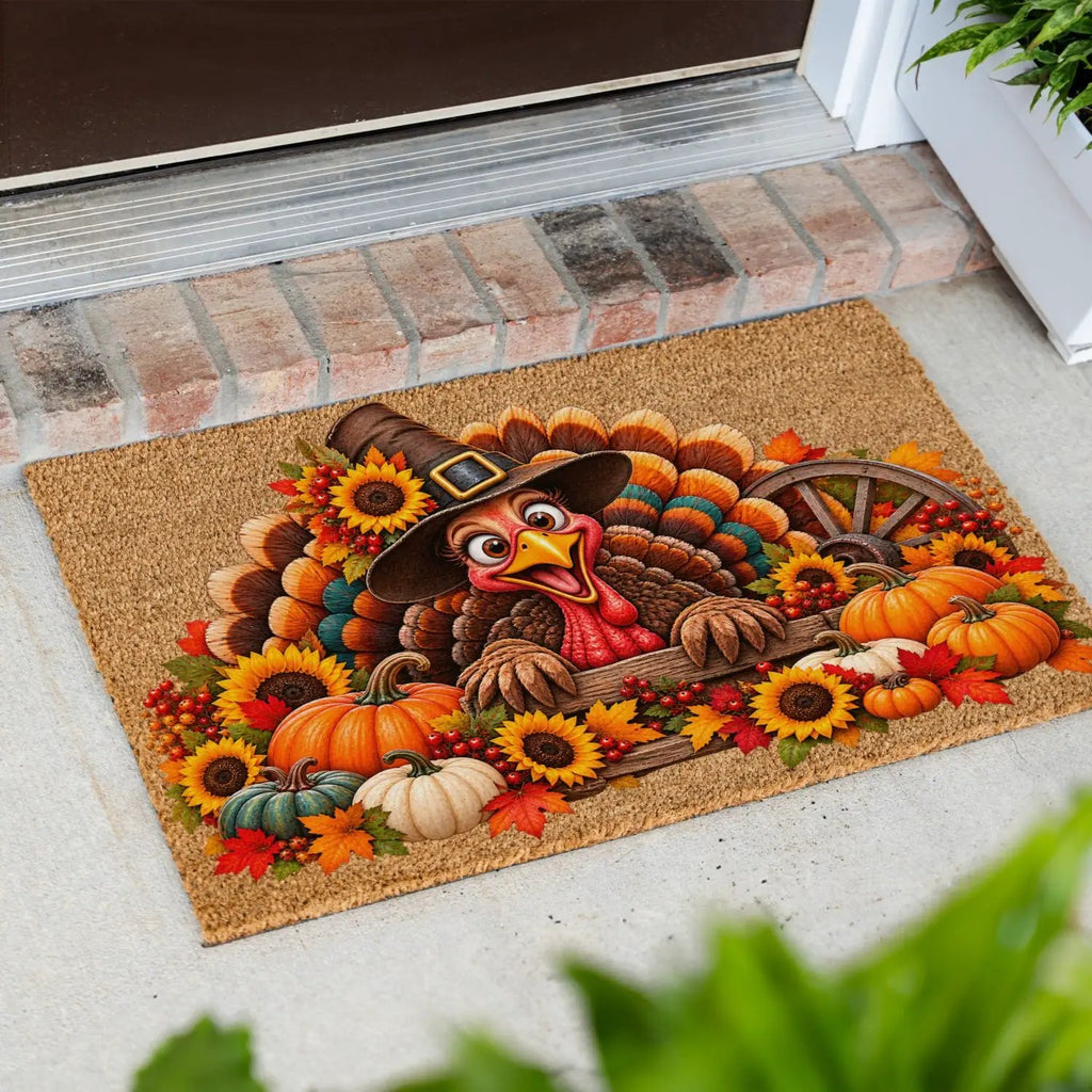 Thanksgiving Turkey Doormat, Funny Turkey Coir Mat, Fall Harvest Welcome Mat, Pumpkin & Sunflower Porch Decor, Thanksgiving Door Mat