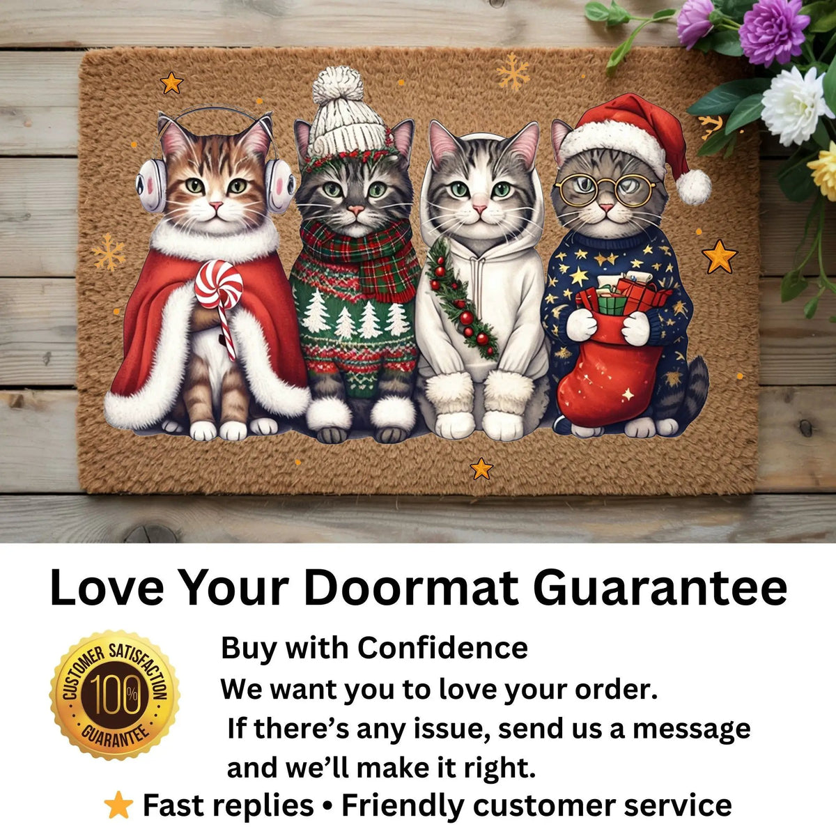 Christmas Cat Doormat, Funny Xmas Cats Coir Doormat, Cute Holiday Welcome Mat, Cat Lover Christmas Gift, Festive Front Porch Decor