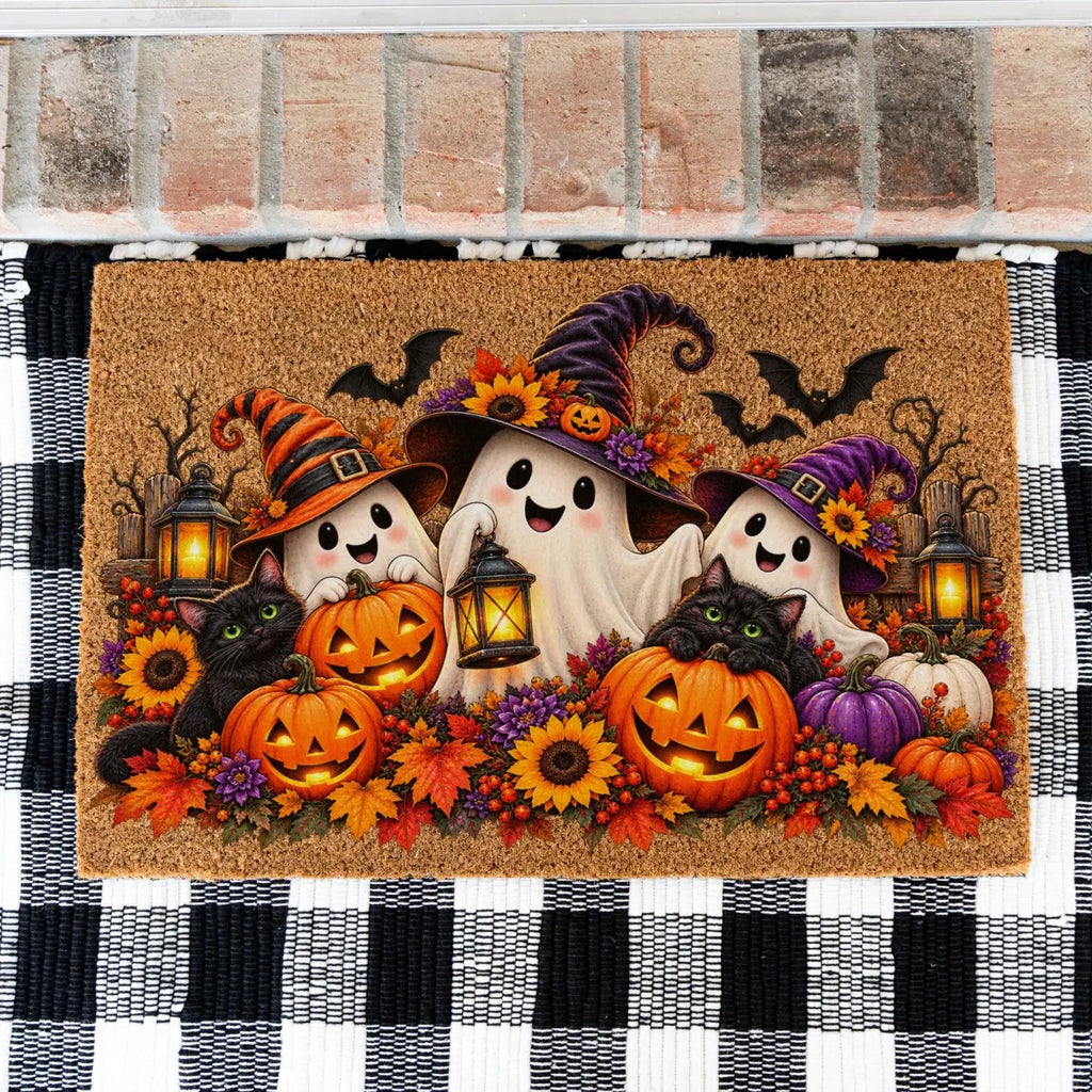 Halloween Ghost Doormat, Black Cat & Pumpkin Coir Mat, Cute Spooky Welcome Mat, Witch Ghost Fall Porch Decor, Halloween Door Mat