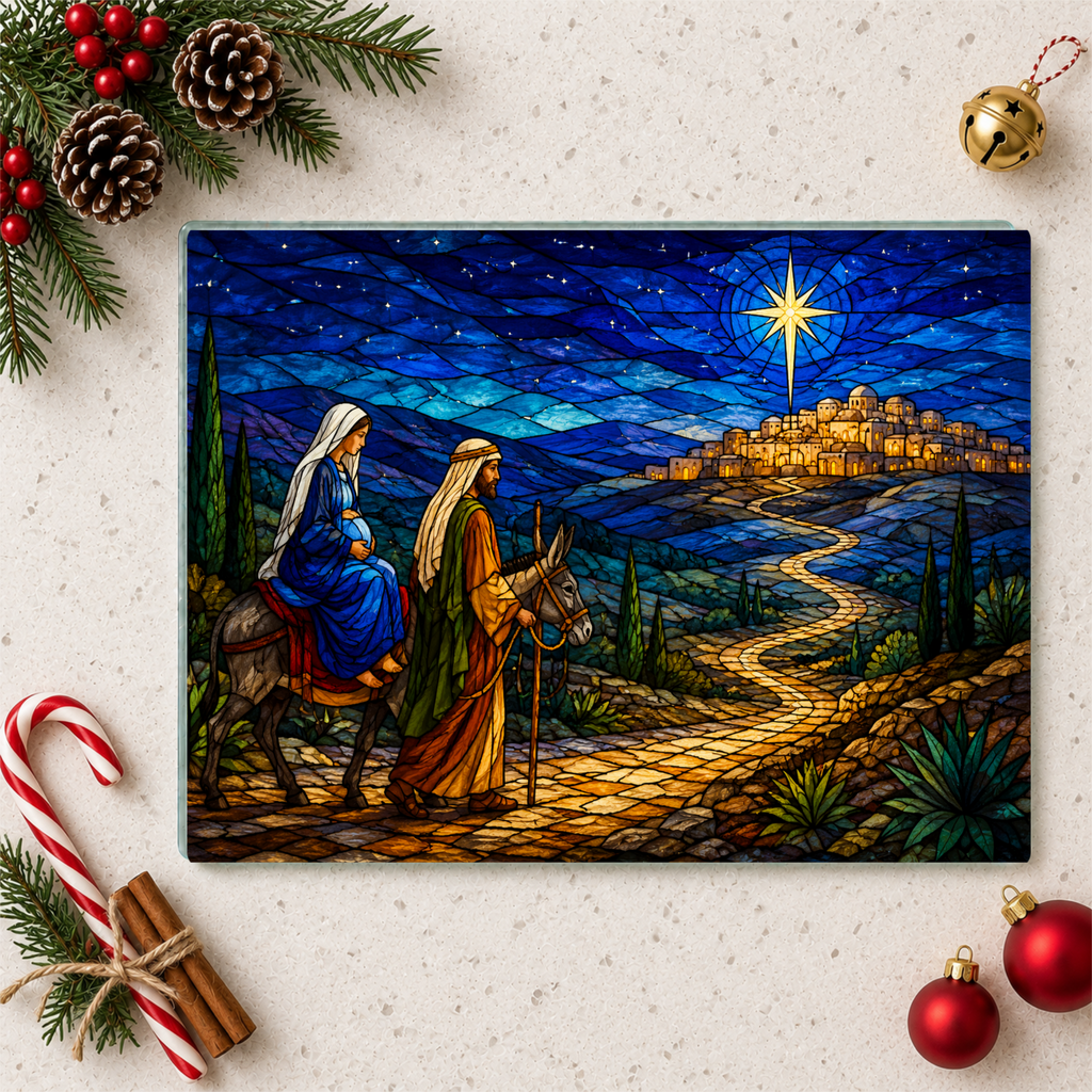 Road to Bethlehem Glass Cutting Board, Christian Christmas Gift, Mary and Joseph Nativity Decor, Religious Christmas Kitchen Decor