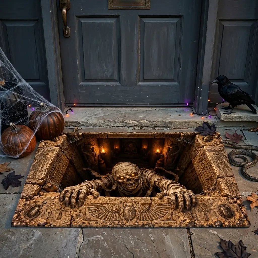 Mummy Halloween Doormat, 3D Egyptian Tomb Optical Illusion Mat, Creepy Mummy Door Mat, Haunted Halloween Porch Decor