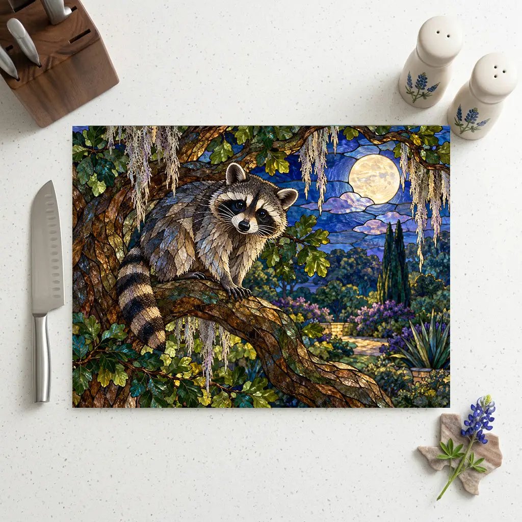 Raccoon Glass Cutting Board, Woodland Kitchen Decor, Moonlit Forest Chopping Board, Wildlife Lover Gift, Rustic Nature Kitchen Accent