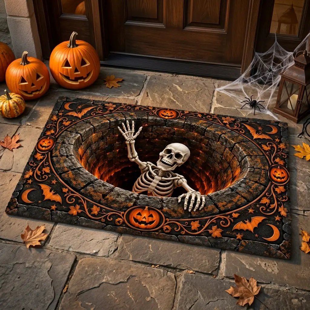 Skeleton Halloween 3D Doormat, Skeleton Pit Illusion Door Mat, Spooky Halloween Welcome Mat, Pumpkin Gothic Porch Decor