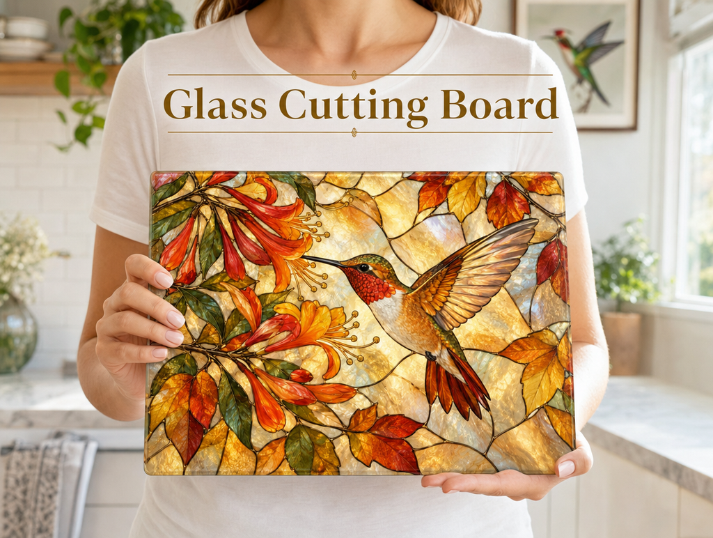 Hummingbird Cutting Board, Stained Glass Hummingbird Decor, Autumn Floral Kitchen Decor, Bird Lover Gift, Fall Hostess Gift