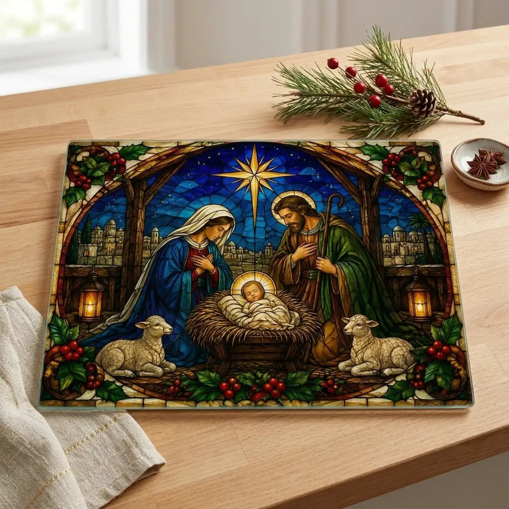 Nativity Glass Cutting Board, Stained Glass Christmas Decor, Holy Family Christian Kitchen Gift, Religious Christmas Cutting Board