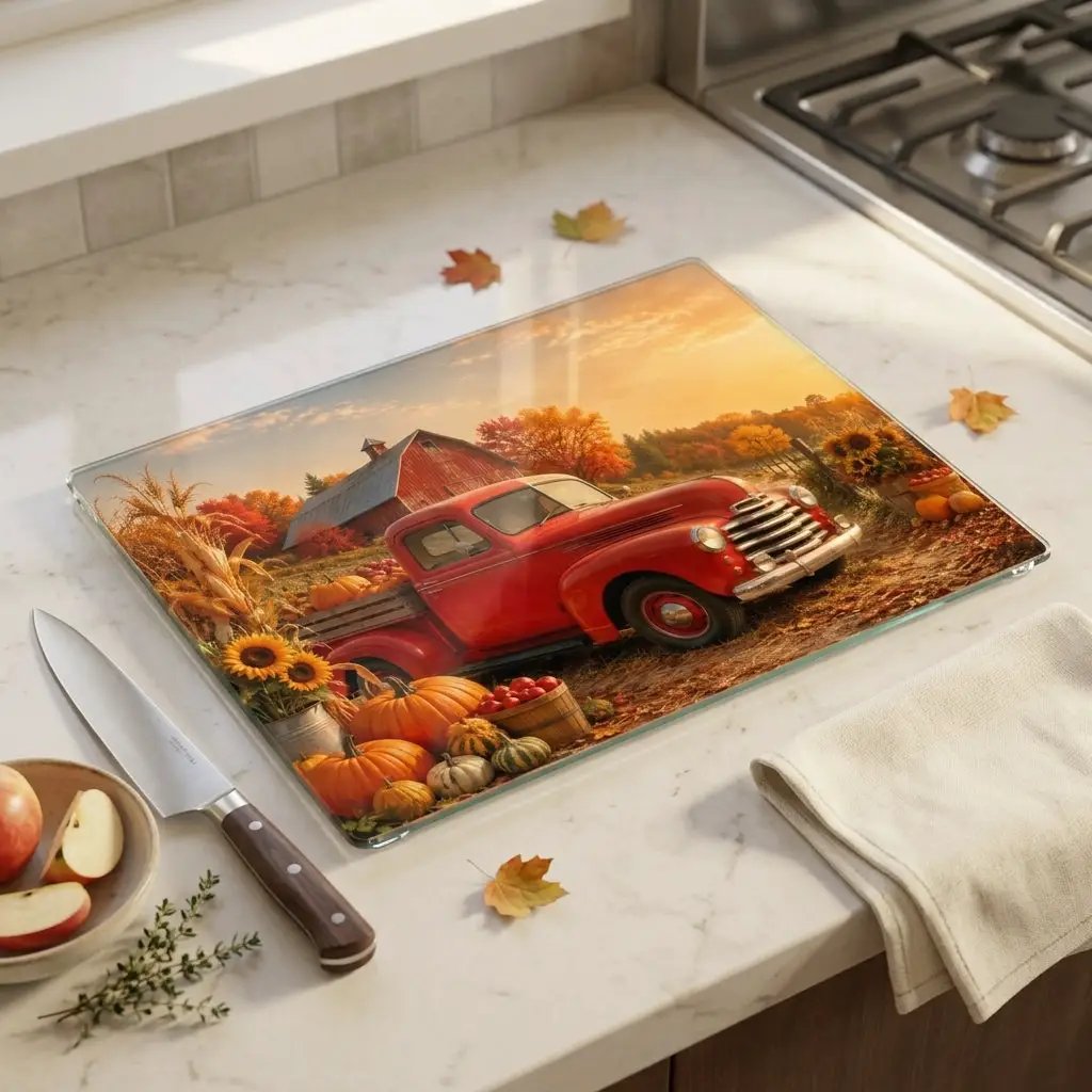 Fall Glass Cutting Board, Red Vintage Truck with Pumpkins and Sunflowers, Autumn Farmhouse Kitchen Decor, Harvest Gift