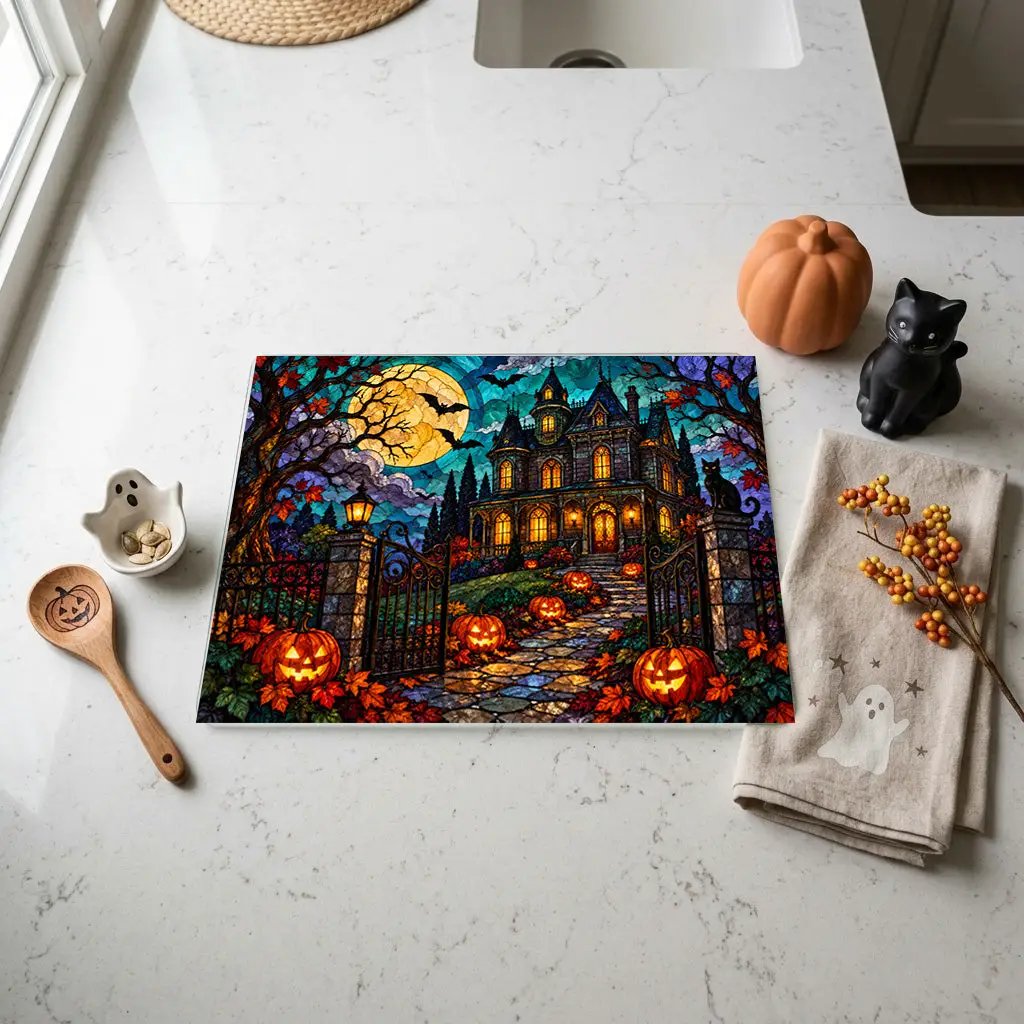 Halloween Haunted Mansion Personalized Glass Cutting Board, Spooky Pumpkin Kitchen Decor