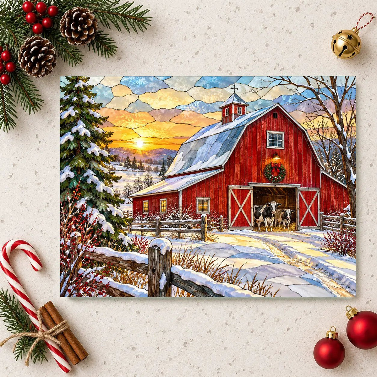 Christmas Red Barn Glass Cutting Board, Winter Farmhouse Decor, Cow Christmas Gift, Country Kitchen Decor, Farmhouse Holiday Gift