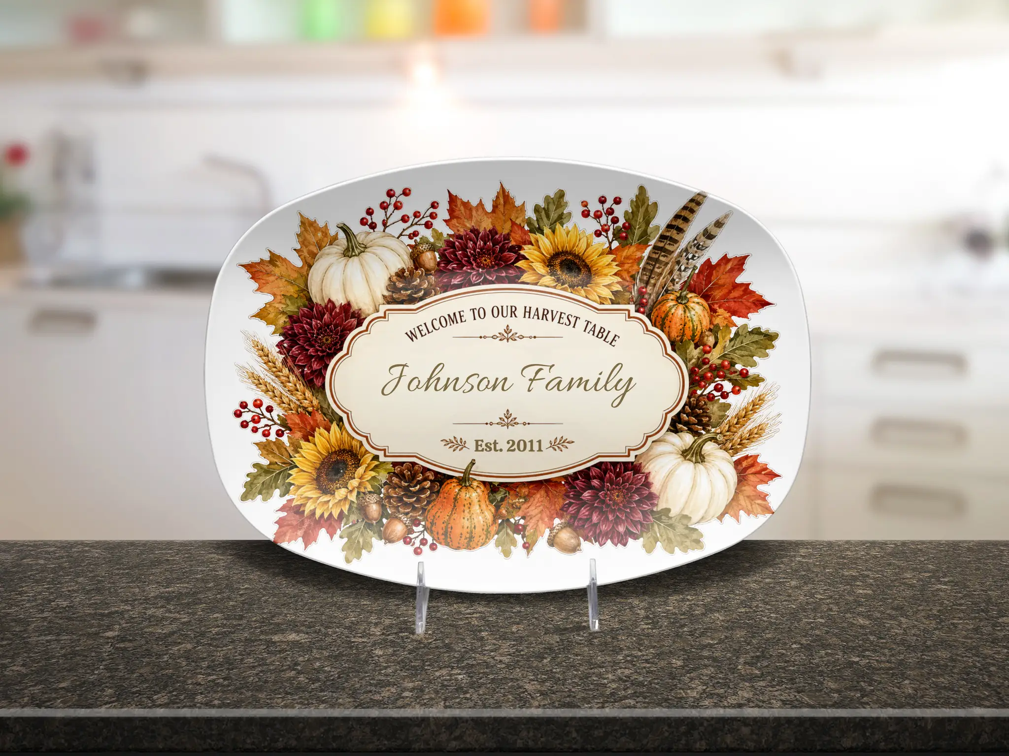 Personalized Thanksgiving Platter, Custom Family Name Harvest Serving Platter, Woodland Fall Decor, Pumpkin Sunflower Hostess Gift, 10x14
