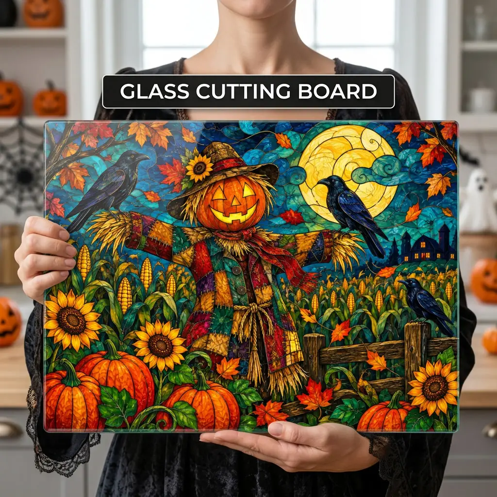 Halloween Scarecrow Personalized Glass Cutting Board, Spooky Pumpkin Kitchen Decor