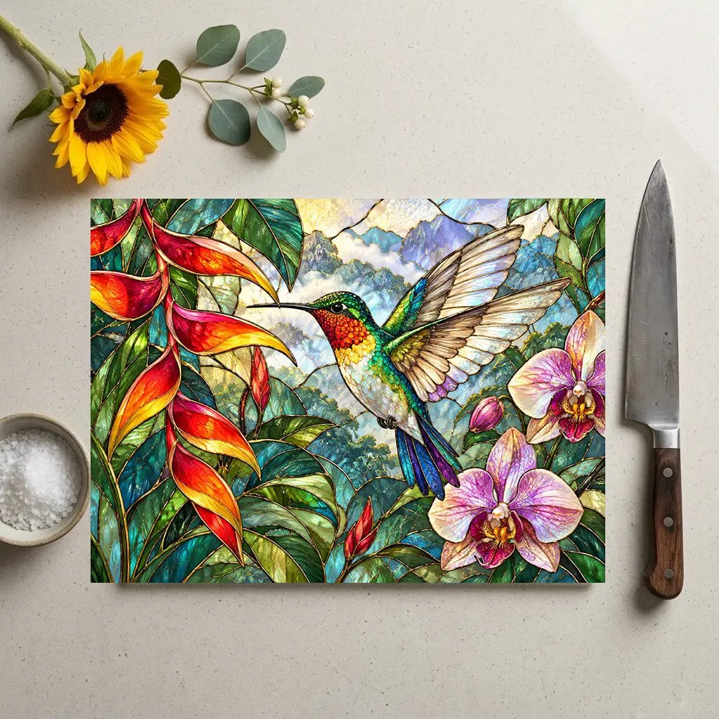 Hummingbird Cutting Board, Stained Glass Bird Decor, Tropical Orchid Kitchen Decor, Floral Hummingbird Gift, Nature Lover Gift
