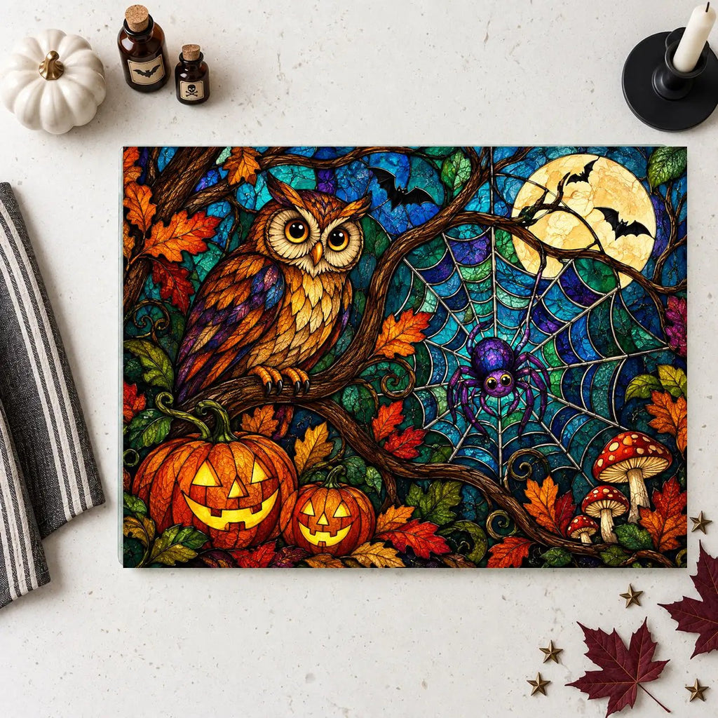 Halloween Owl Personalized Glass Cutting Board, Spooky Spider Kitchen Decor