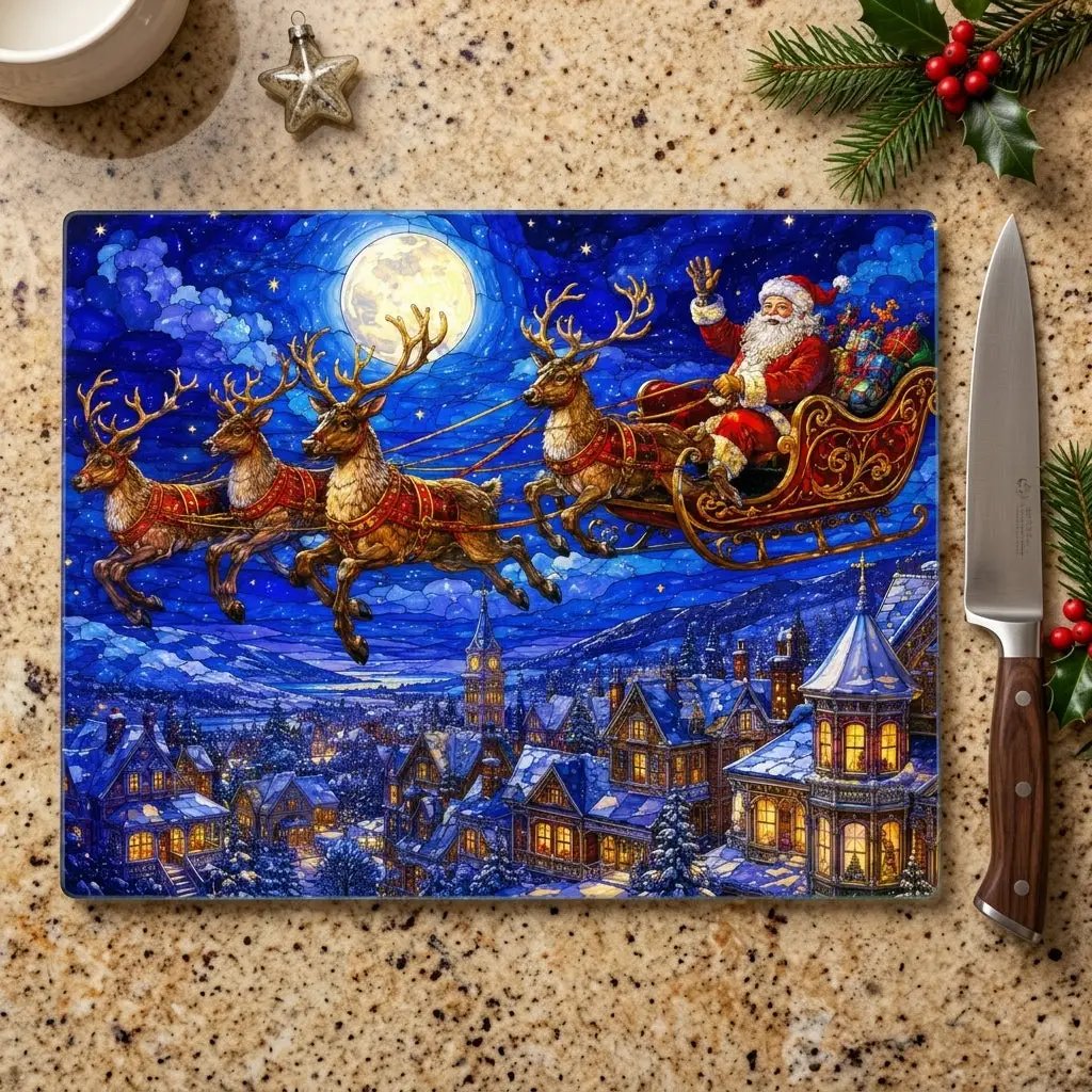 Santa Sleigh Glass Cutting Board, Reindeer Christmas Kitchen Decor, Christmas Eve Serving Board, Stained Glass Santa Gift, Holiday Decor