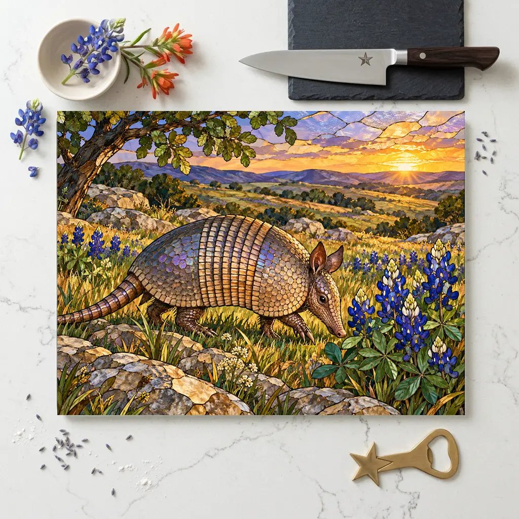 Texas Armadillo Glass Cutting Board, Bluebonnet Kitchen Decor, Wildlife Chopping Board, Southwestern Countryside Kitchen Gift, 2 Sizes