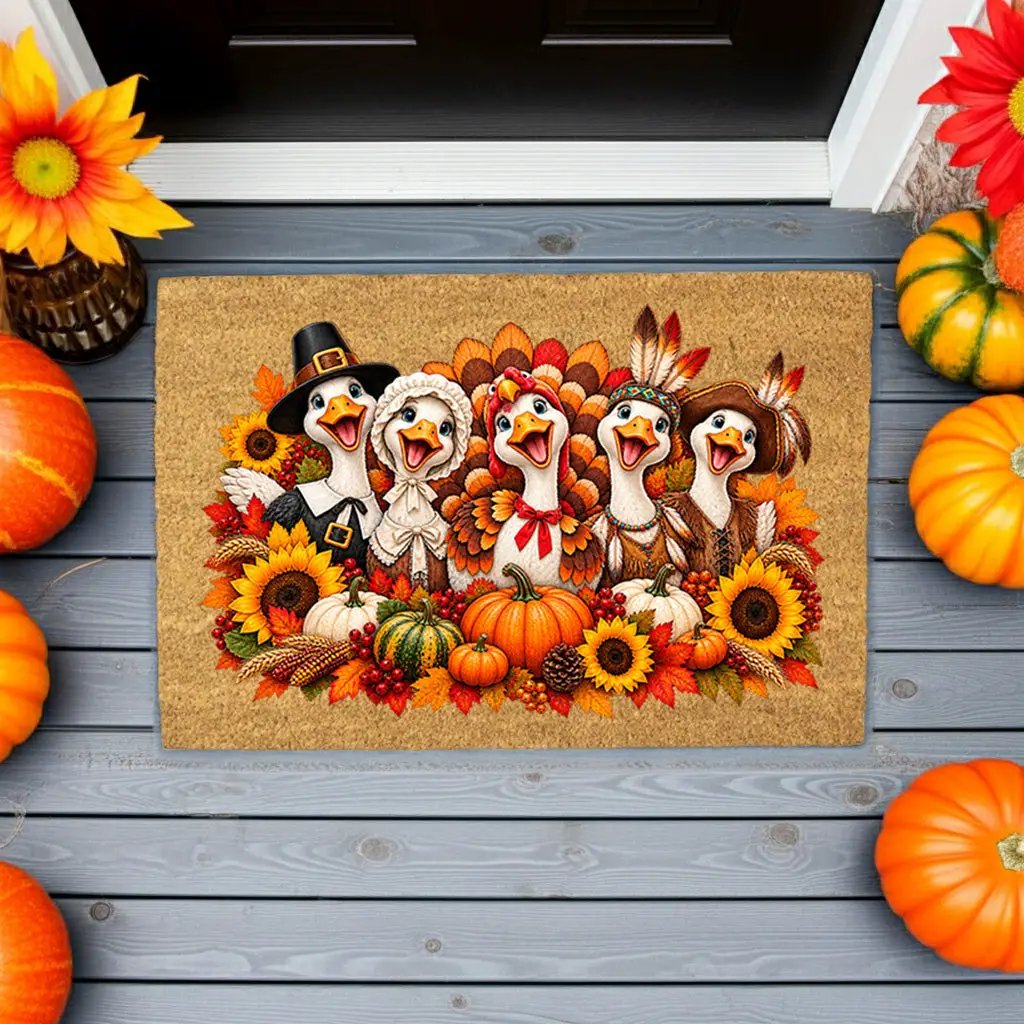 Thanksgiving Goose Doormat, Pilgrim Geese Welcome Mat, Funny Thanksgiving Porch Decor, Fall Coir Doormat, Harvest Front Door Mat