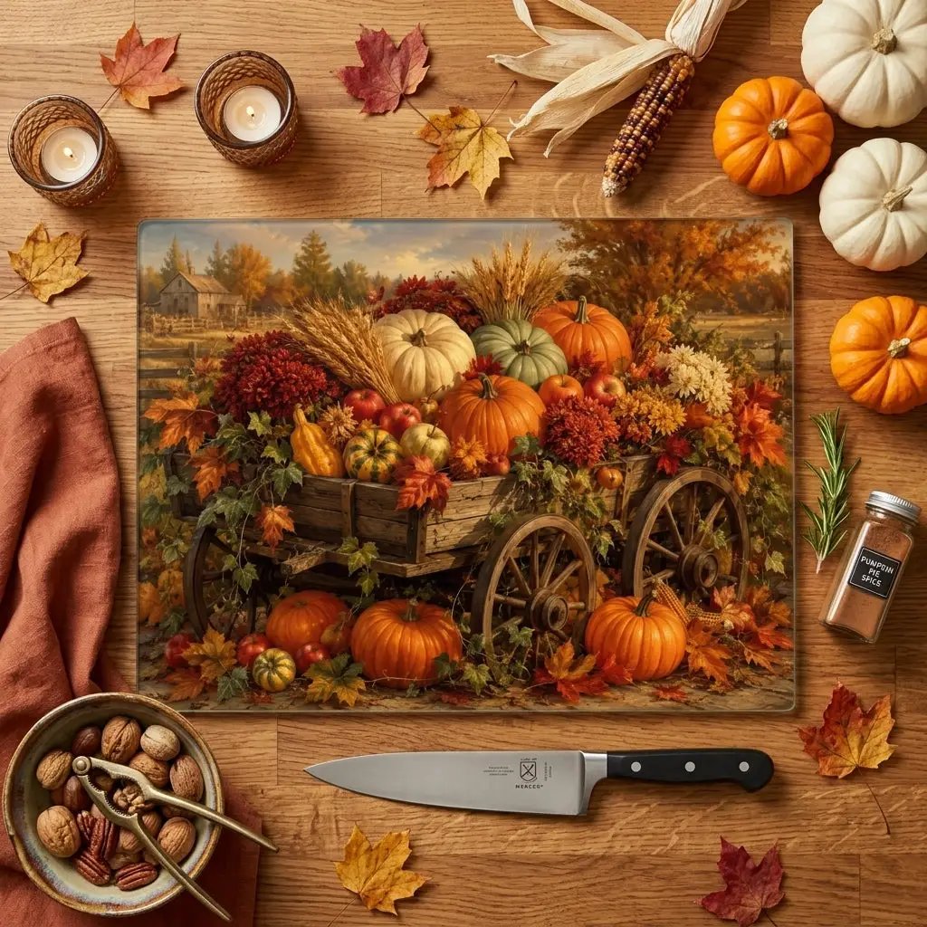 Fall Harvest Wagon Glass Cutting Board, Rustic Farmhouse Kitchen Decor, Pumpkin Cutting Board, Thanksgiving Gift