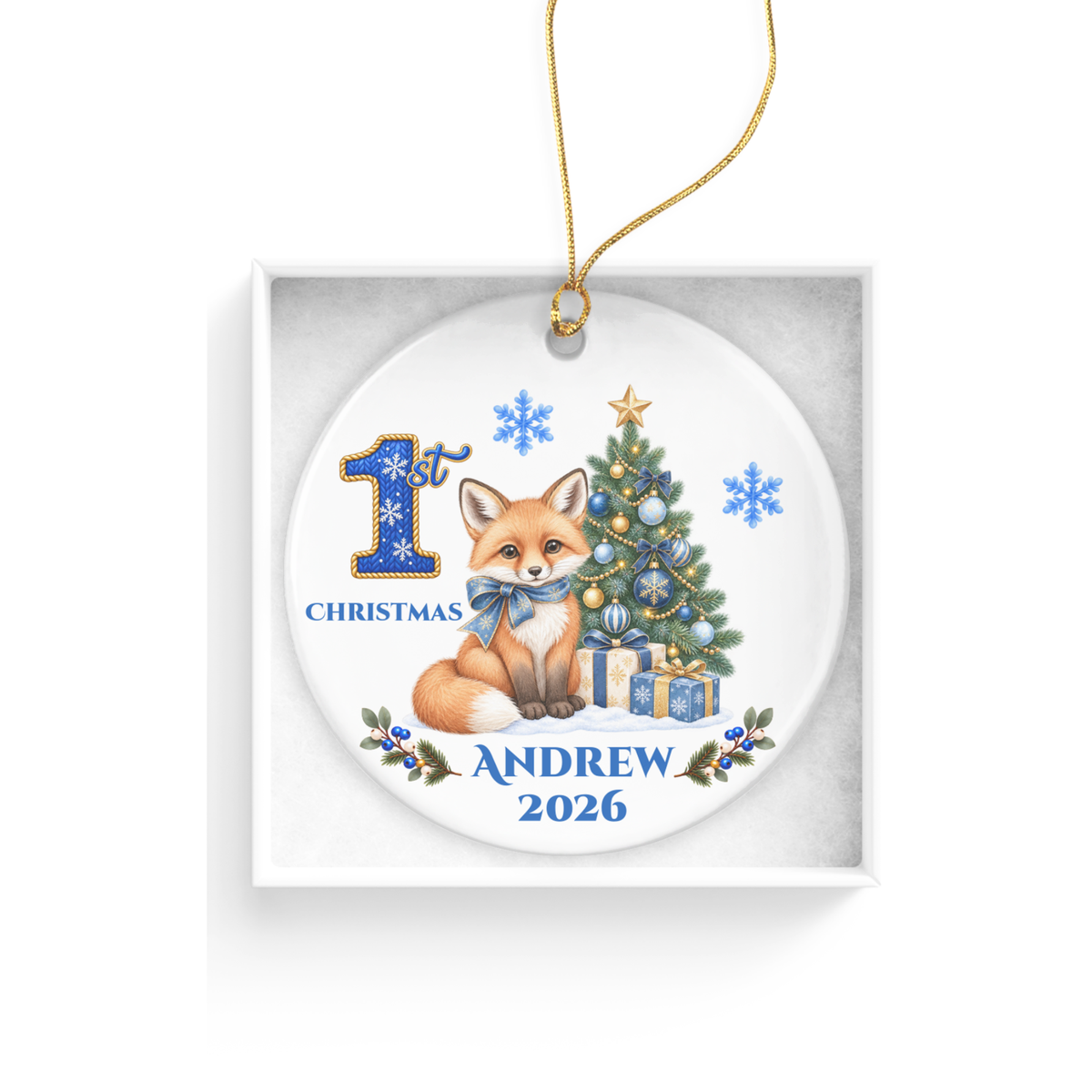 Fox Baby Personalized Christmas Ornament, Baby's 1st 2nd 3rd Christmas, Custom Name Year Ceramic Keepsake