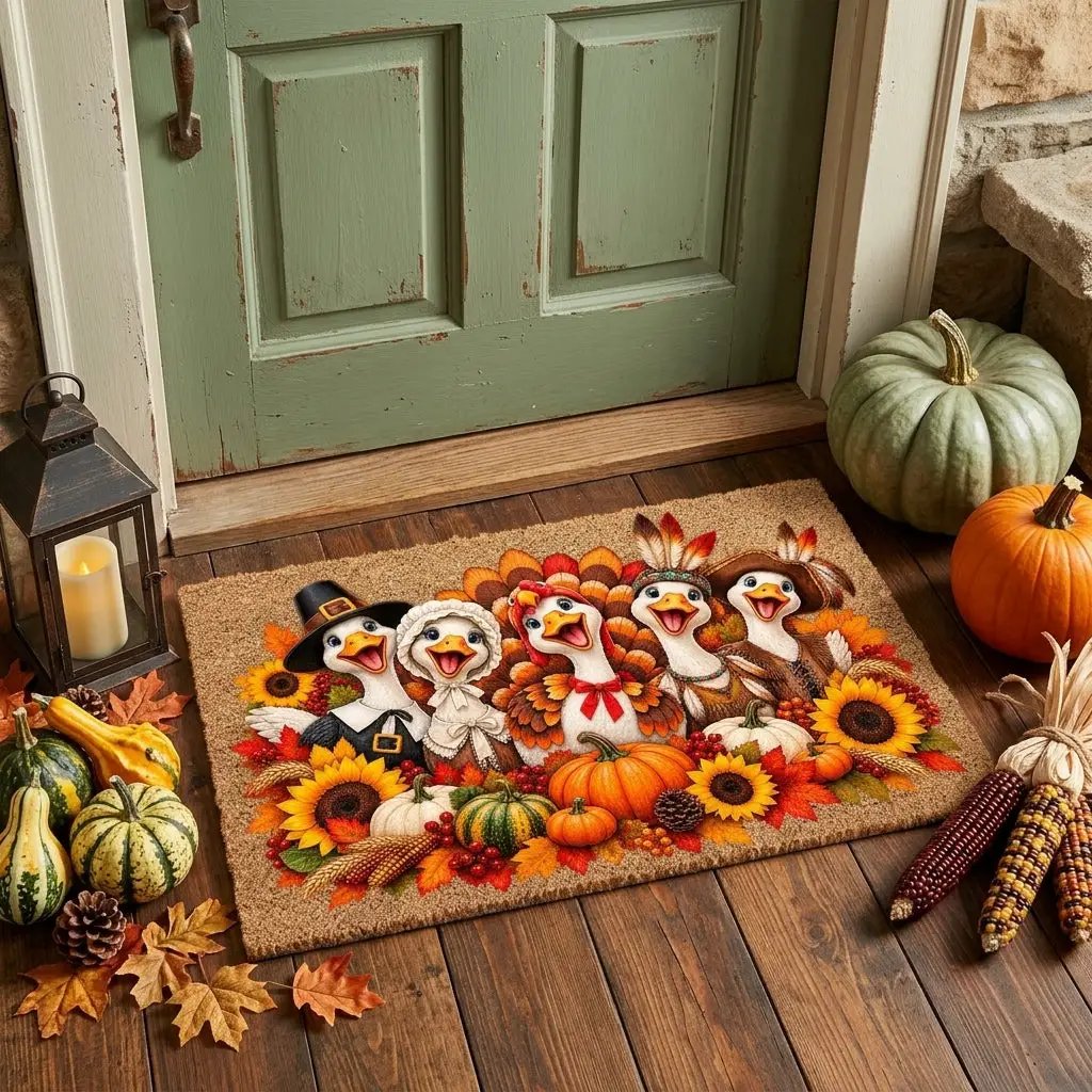 Thanksgiving Goose Doormat, Pilgrim Geese Welcome Mat, Funny Thanksgiving Porch Decor, Fall Coir Doormat, Harvest Front Door Mat