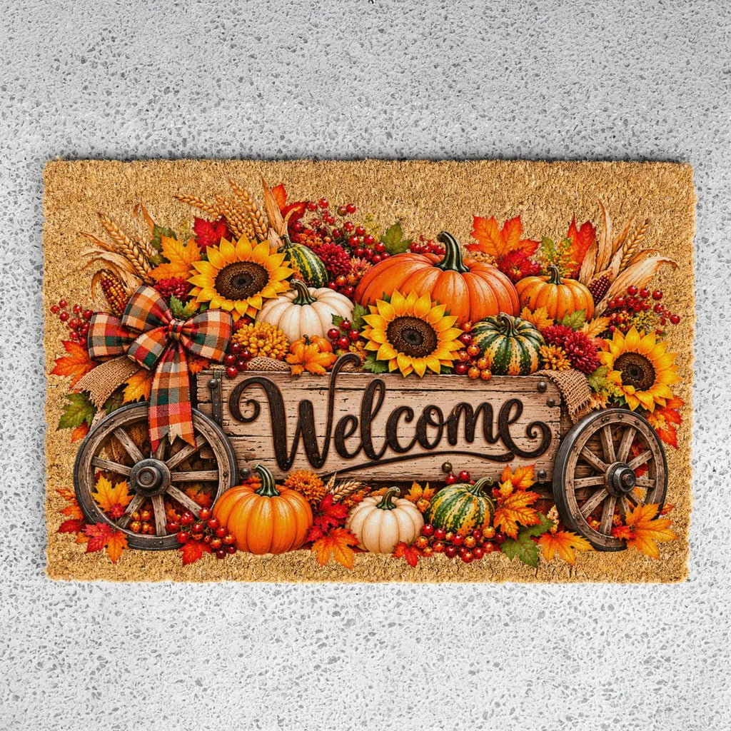 Harvest Wagon Welcome Doormat, Fall Coir Door Mat, Pumpkin Sunflower Welcome Mat, Autumn Farmhouse Porch Decor, Thanksgiving Doormat