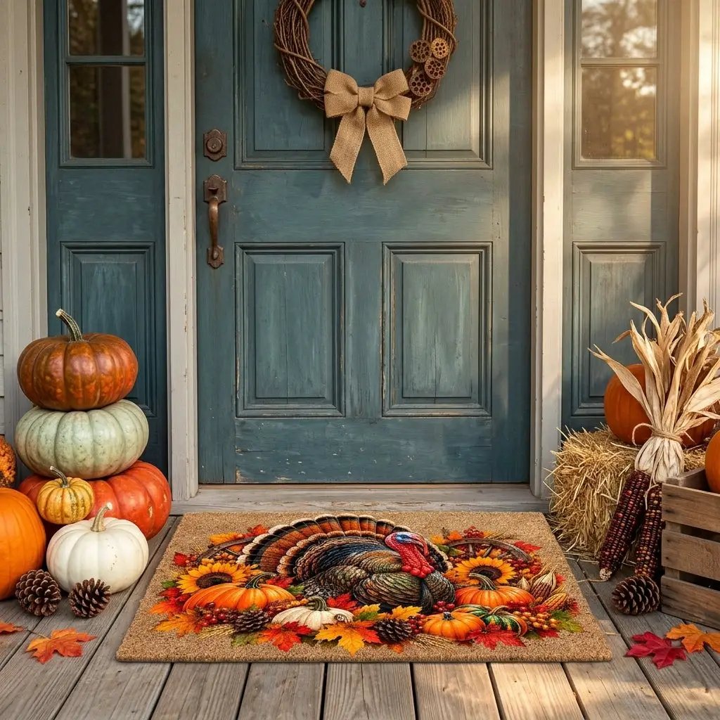 Thanksgiving Turkey Doormat, Fall Turkey Welcome Mat, Harvest Pumpkin Coir Doormat, Farmhouse Autumn Porch Decor, Thanksgiving Door Mat
