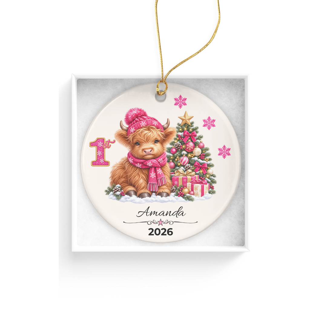 Personalized Christmas Ornament – Pink Girl Highland Cow First, Second, Third Christmas 2026, Custom Name Keepsake, 3 Inch Ceramic Holiday Decor