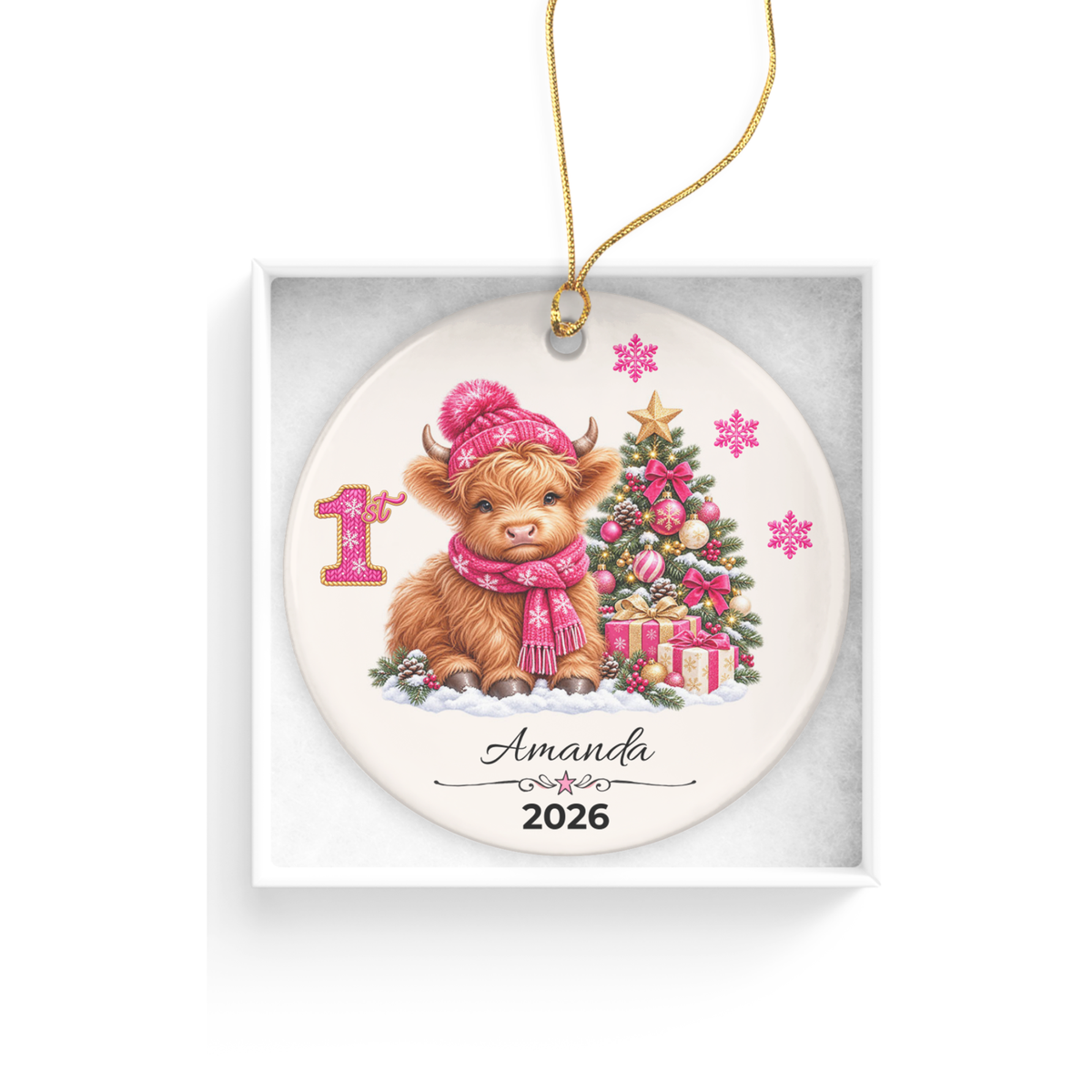 Personalized Christmas Ornament – Pink Girl Highland Cow First, Second, Third Christmas 2026, Custom Name Keepsake, 3 Inch Ceramic Holiday Decor