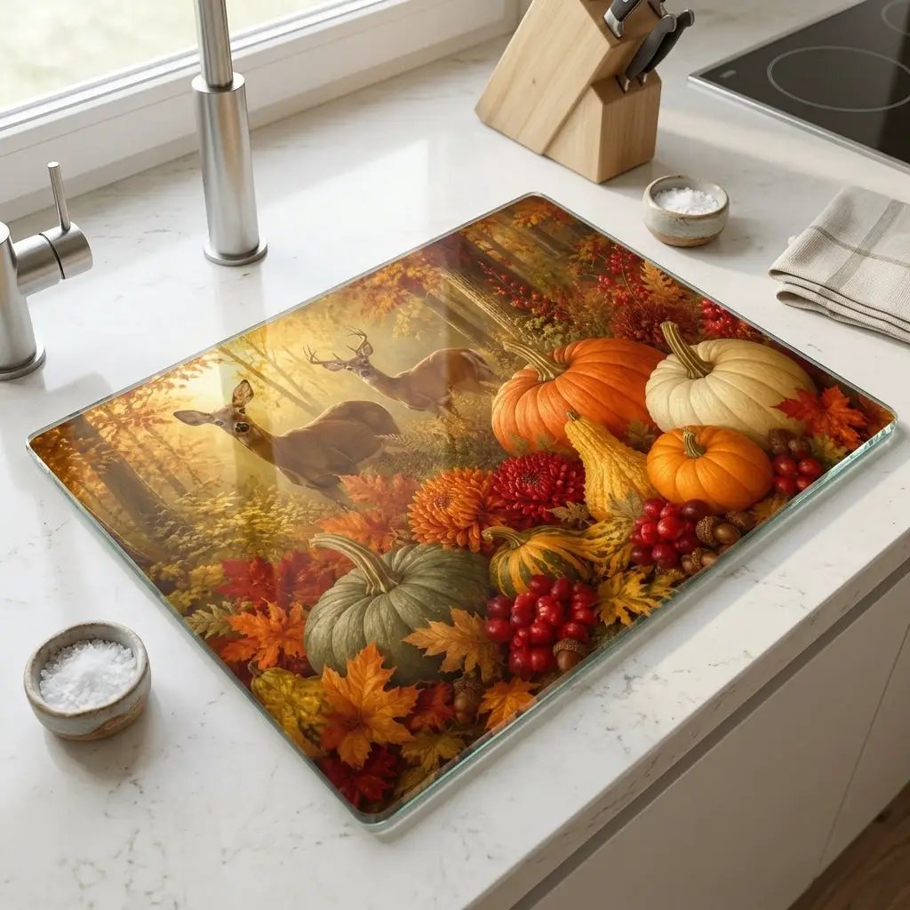 Deer Glass Cutting Board, Woodland Fall Kitchen Decor, Pumpkin Harvest Cutting Board, Rustic Autumn Gift
