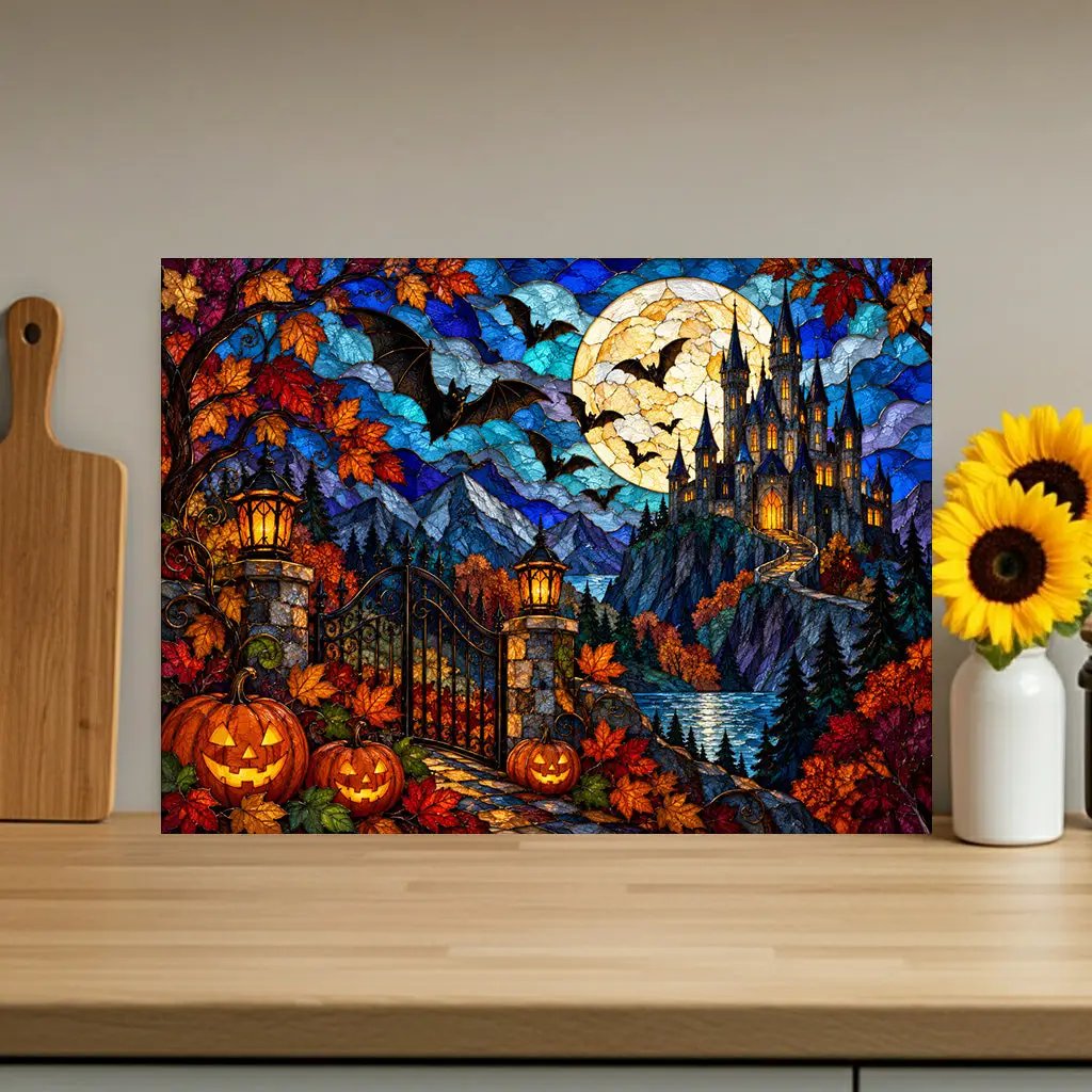 Halloween Castle Personalized Glass Cutting Board, Gothic Haunted House Kitchen Decor