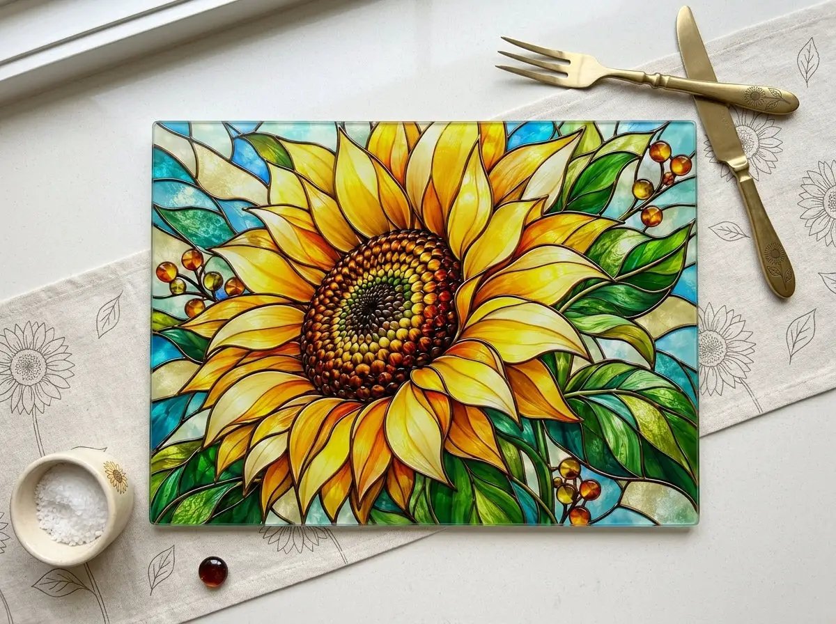 Sunflower Glass Cutting Board, Stained Glass Floral Kitchen Decor, Yellow Flower Chopping Board, Gift for Mom, Housewarming Gift
